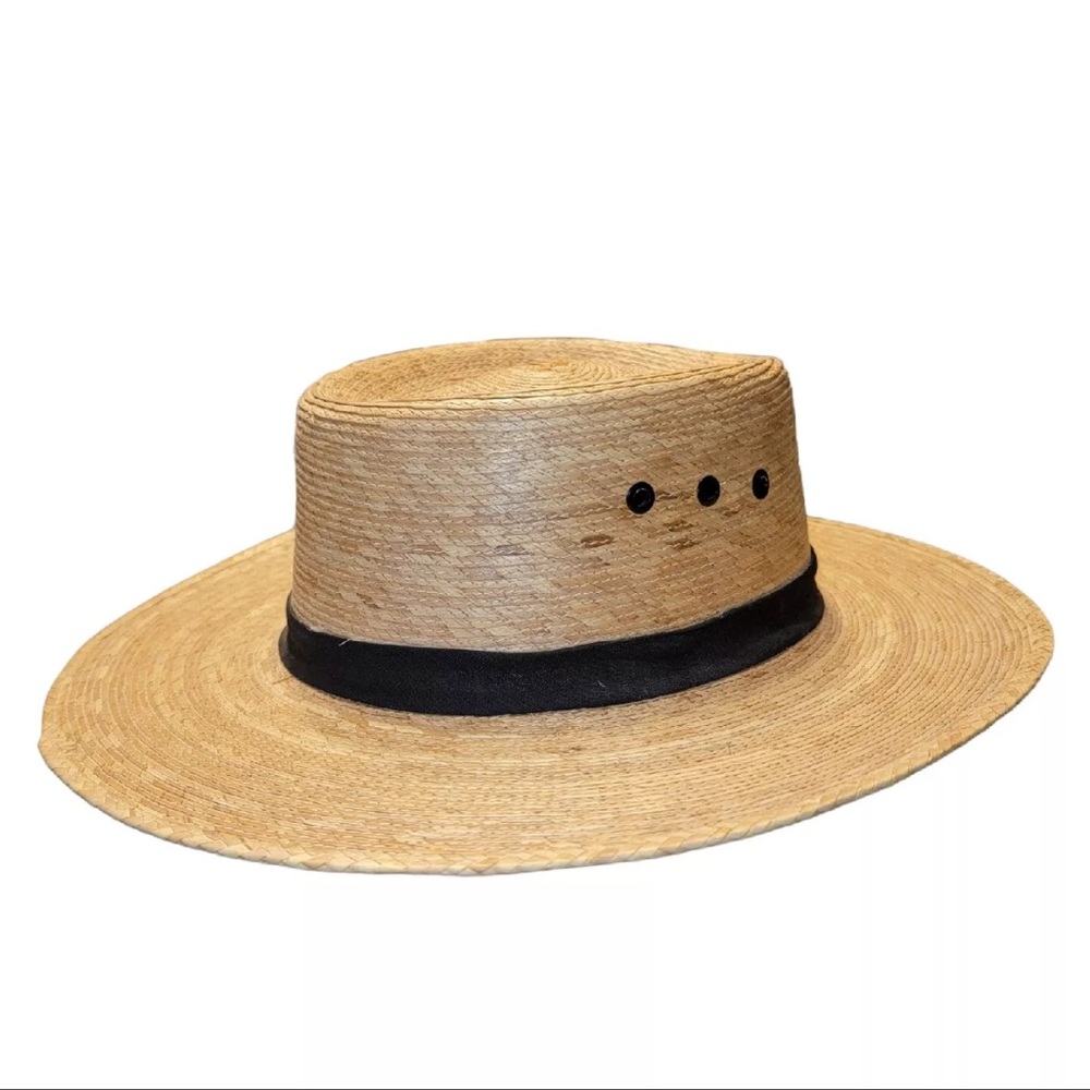 Vintage Palm Leaf Straw Boater Hat Mexico Wide Brim Plantation Panama Style
